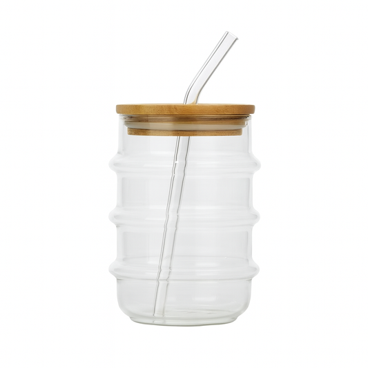 500ml Straw Glass – Clear Borosilicate with Wooden Lid & Reusable Straw