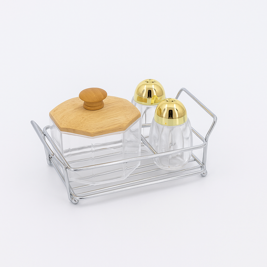 Salt & Sugar Pot Set – 3 Pcs Acrylic with Wooden Round Lid & Golden Caps
