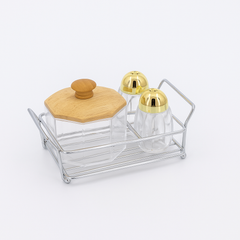 Salt & Sugar Pot Set – 3 Pcs Acrylic with Wooden Round Lid & Golden Caps