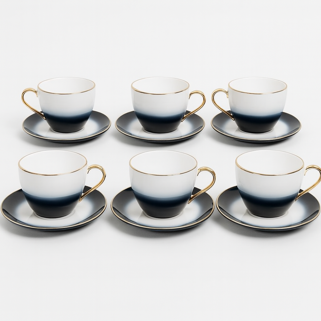 6 Person 12-Piece Porcelain Tea Cup and Saucer Set for 6 – Elegant Black & White Gradient with Gold Rim