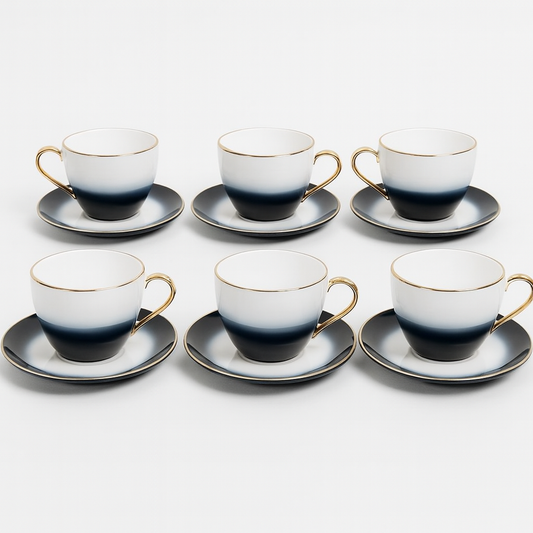 6 Person 12-Piece Porcelain Tea Cup and Saucer Set for 6 – Elegant Black & White Gradient with Gold Rim