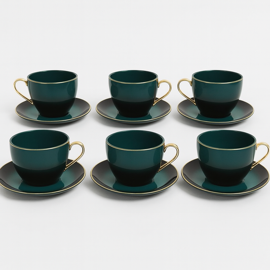 12-Piece Tea & Coffee Cup Set with Saucers – 6 Person Classic Green Design