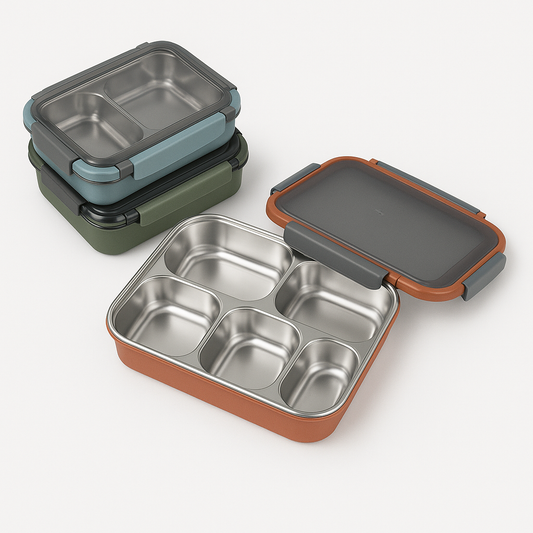 1Pc - Premium 5-Compartment Stainless Steel Lunch Box | Leak-Proof Bento Box for Kids & Adults | Assorted Colors