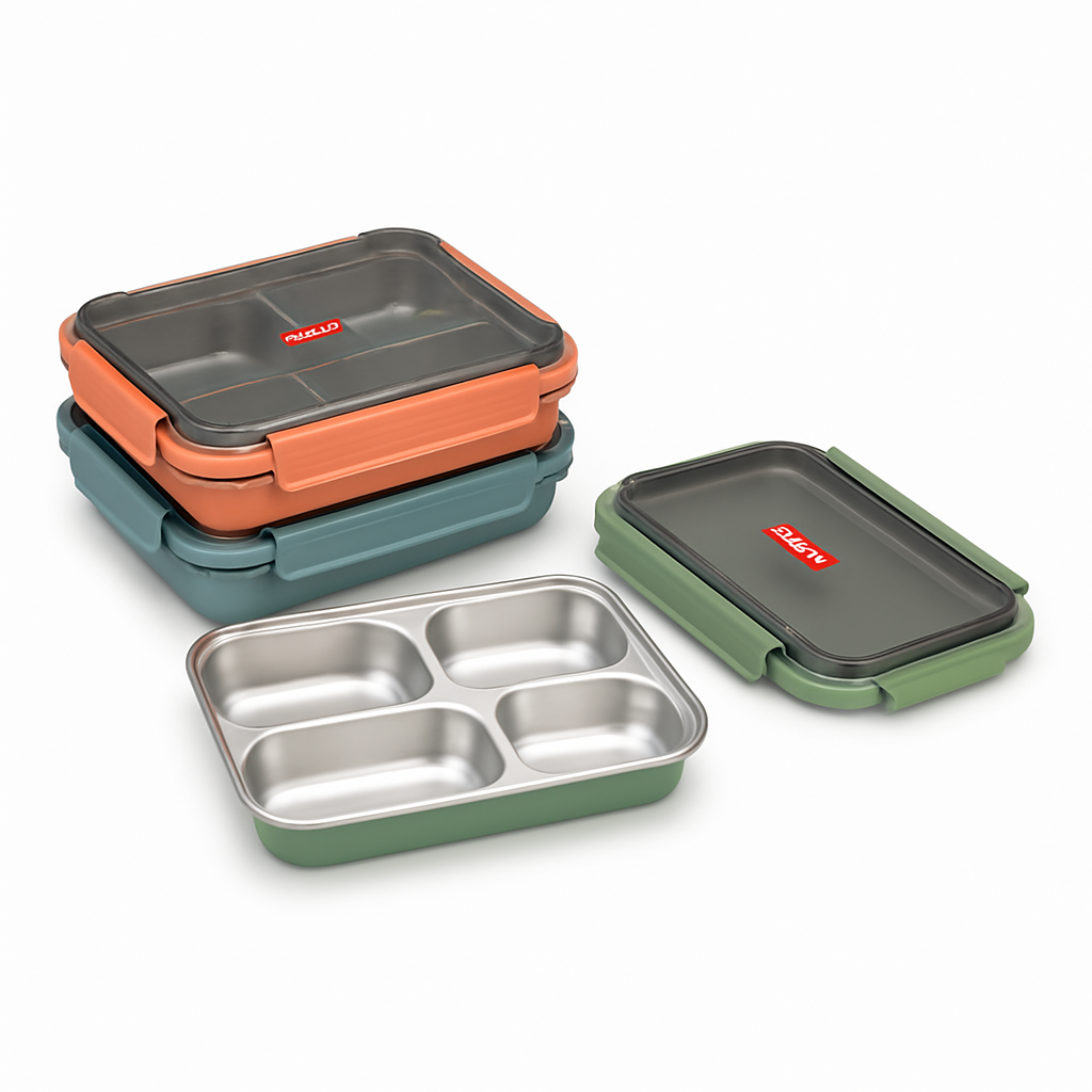 1Pc - 4-Compartment Stainless Steel Lunch Box – Leakproof Bento Box with Lid (Assorted Colors)