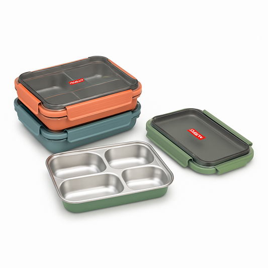 1Pc - 4-Compartment Stainless Steel Lunch Box – Leakproof Bento Box with Lid (Assorted Colors)