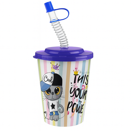 1Pc Cute Cat Printed Cup 450ml – BPA-Free Kids Sipper Cup with Straw & Lid | Fun Cartoon Drinking Cup for Juice, Milk & Smoothies