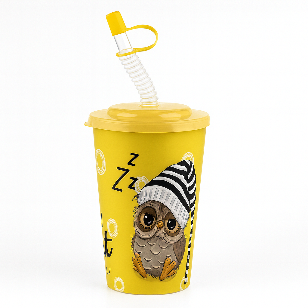 1Pc Cute Owl Printed Cup 650ml – BPA-Free Kids Sipper Cup with Straw & Lid | Fun Leakproof Drinking Cup for Water, Milk & Juice
