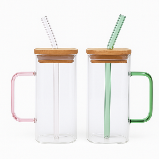 1Pc Glass Tumbler with Straw & Bamboo Lid (Assorted)– Reusable Iced Drink Cup for Juice, Coffee & Smoothies