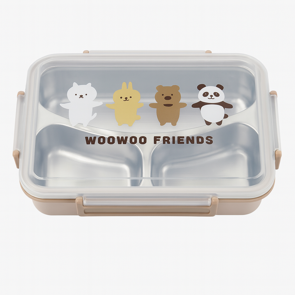 WOO WOO FRIENDS Stainless Steel Lunch Box – Leakproof Bento Box with 3 Compartments | Cute Animal Design Kids & Office Tiffin Box