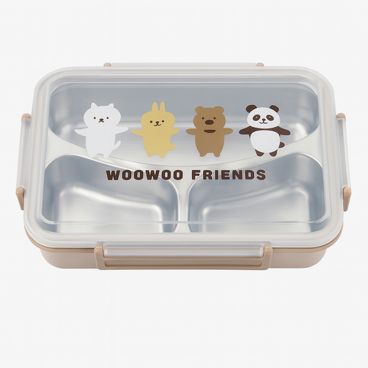 WOO WOO FRIENDS Stainless Steel Lunch Box – Leakproof Bento Box with 3 Compartments | Cute Animal Design Kids & Office Tiffin Box