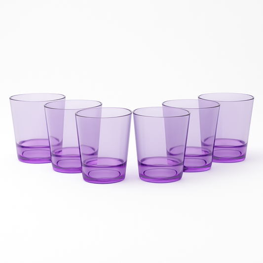 (Pack of 6) Multi-Colored Drinking Glasses – Premium Transparent Tumblers in Purple, Grey, Blue, Pink & Clear Shades