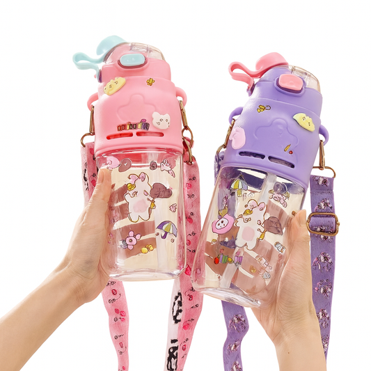 1Pc Cute Cartoon Water Bottle with Strap (Assorted)  – BPA-Free Leakproof Kids Bottle | Assorted Colors with Flip Lid & Straw