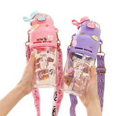1Pc Cute Cartoon Water Bottle with Strap (Assorted)  – BPA-Free Leakproof Kids Bottle | Assorted Colors with Flip Lid & Straw