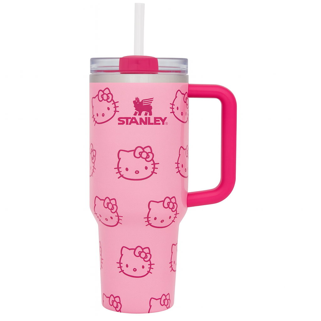 Stanley 40oz Quencher Tumbler with Handle &amp; Straw | 680g Heavy-Duty Stainless Steel Insulated Cup | Limited Edition Cute Pink Print (S-24)
