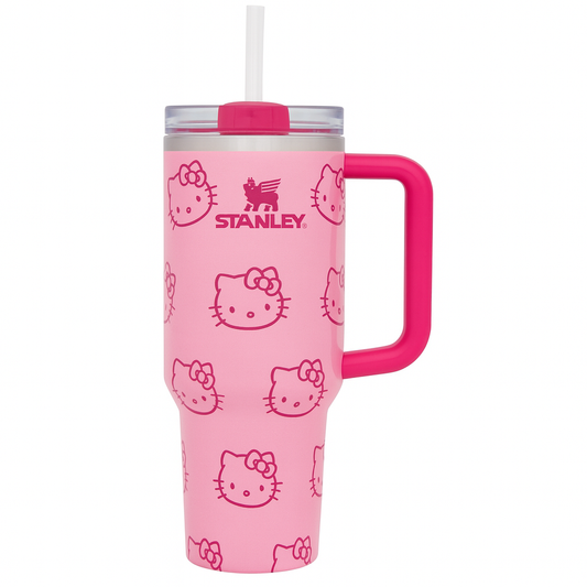 Stanley 40oz Quencher Tumbler with Handle &amp; Straw | 680g Heavy-Duty Stainless Steel Insulated Cup | Limited Edition Cute Pink Print (S-24)
