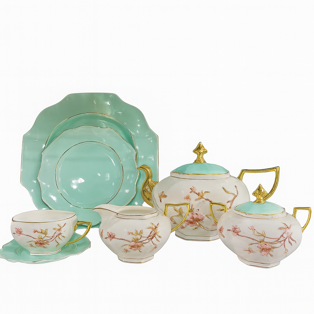 6 Person Royal Munich 24-Piece Porcelain Tea – Mint Green & Gold Trimmed Floral Dinnerware Collection