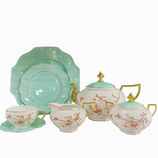 6 Person Royal Munich 24-Piece Porcelain Tea – Mint Green & Gold Trimmed Floral Dinnerware Collection