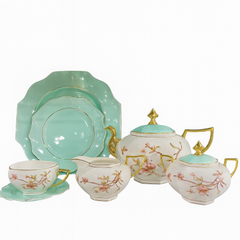 6 Person Royal Munich 24-Piece Porcelain Tea – Mint Green & Gold Trimmed Floral Dinnerware Collection