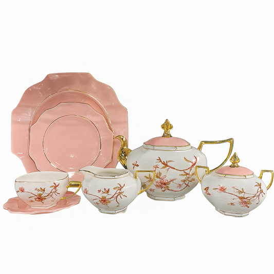 Royal Munich 24-Piece Porcelain Tea (Set for 6) – Blush Pink & Gold Trimmed Floral Dinnerware Collection