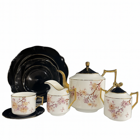 6 Person Midnight Charm 24-Piece Porcelain Tea Set – Black & Gold Floral Luxury Porcelain Dinnerware Collection