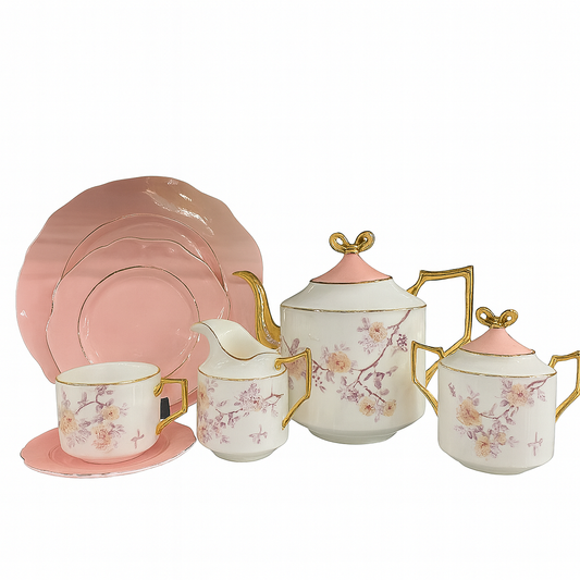 Rose Serenade 24-Piece Porcelain Tea Set for 6 – Pastel Pink & Gold Detailed Fine Porcelain Collection