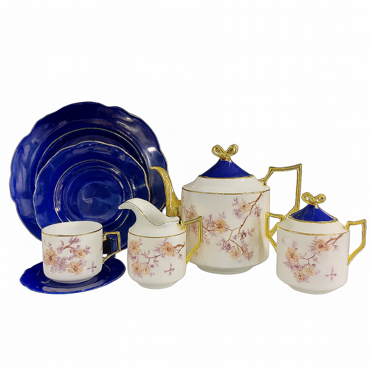 Sapphire Bloom 24-Piece Porcelain Tea Set – Royal Blue & Gold Trimmed Floral Luxury Dinnerware Collection for 6 Persons