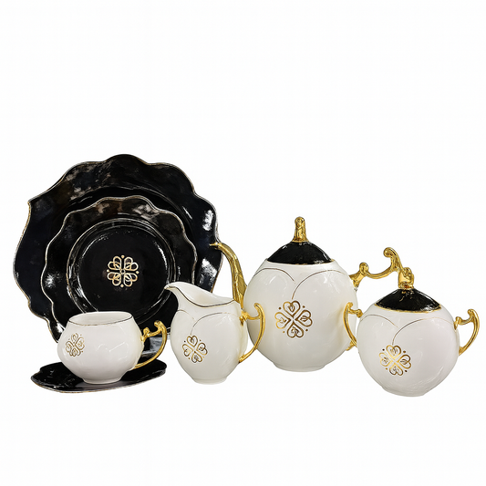 6 person Imperial Dusk 24-Piece Porcelain Tea Set – Black & White Gold Embossed Luxury Dinnerware Collection for 6 Persons