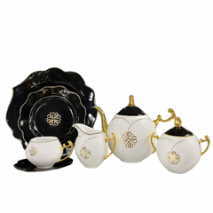 6 person Imperial Dusk 24-Piece Porcelain Tea Set – Black & White Gold Embossed Luxury Dinnerware Collection for 6 Persons