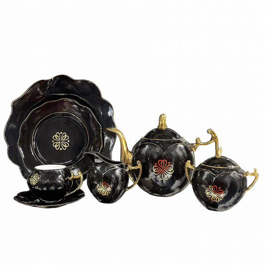 6 Persons Noir Majesty 24-Piece Porcelain Tea Set – Glossy Black & Gold Detailed Royal Dinnerware Collection for 6 Persons