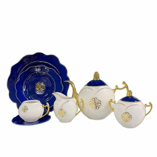 Azure Royale 24-Piece Porcelain Tea Set – Blue & White Gold Accented Luxury Dinnerware Collection for 6 Persons