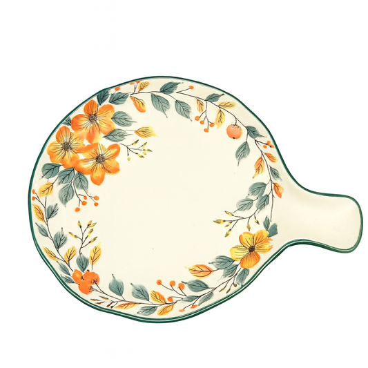 Round Ceramic Baking Dish with Handle – Floral Design (1 Pc, 25x20x3 cm)