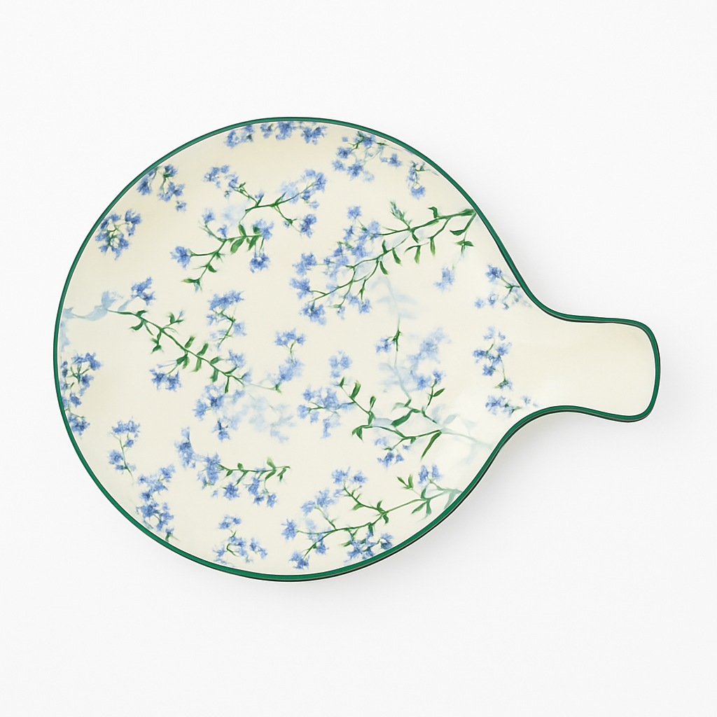 Round Ceramic Baking Dish with Handle – Blue Floral Design (1 Pc, 25x20x3 cm)