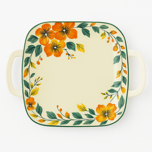 Square Ceramic Baking Dish with Handles – Floral Design (1 Pc, 24x18.5x4 cm)