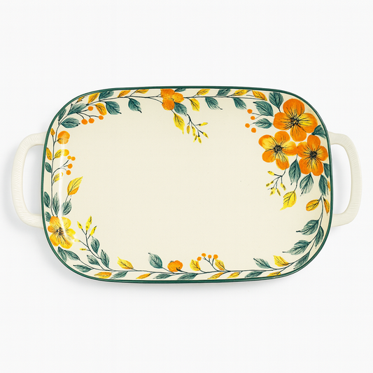 Oval Ceramic Serving Plate with Handles – Floral Design (1 Pc, 37x17x4 cm)