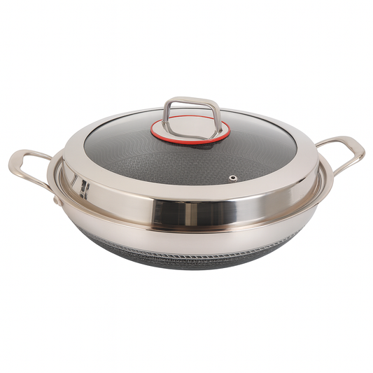 Stainless Steel Karahi with Double Handles & Lid | 32cm Heavy Weight | Non-Stick Honeycomb Deep Fry Pan for Gas & Induction
