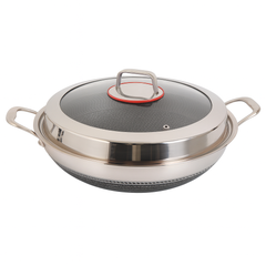Stainless Steel Karahi with Double Handles & Lid | 32cm Heavy Weight | Non-Stick Honeycomb Deep Fry Pan for Gas & Induction