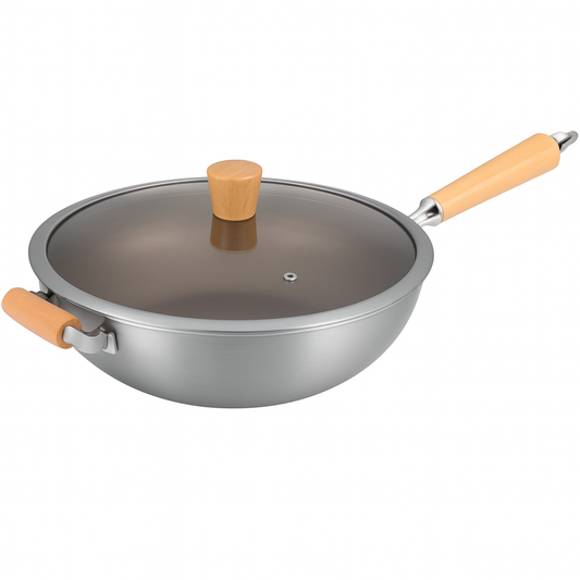 Stainless Steel Karahi with Wooden Handle & Lid | 32cm Non-Stick Honeycomb Deep Fry Pan | Gas & Induction Compatible Cookware