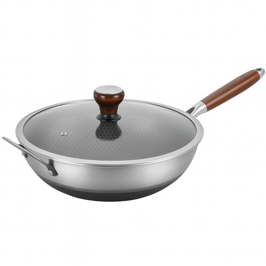 Stainless Steel Karahi with Wooden Handle & Lid | 32cm Non-Stick Honeycomb Wok Pan | Gas & Induction Compatible Deep Fry Pan
