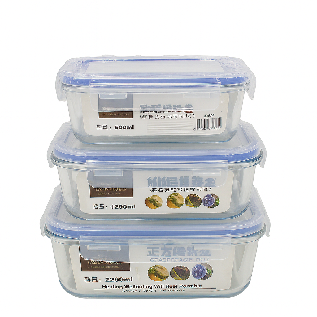 1Pc Square Airtight Glass Food Storage Containers – 800ml, 1500ml & 2200ml | Leakproof, Stackable & Microwave Safe