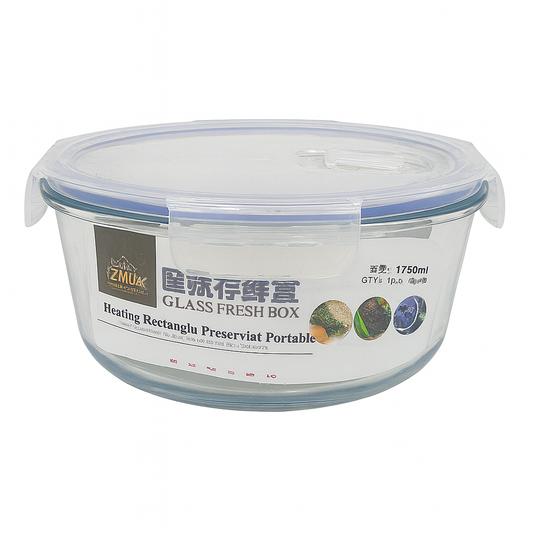 Round Airtight Glass Food Storage Container – 1750ml | Leakproof, Microwave & Freezer Safe | Durable Borosilicate Glass