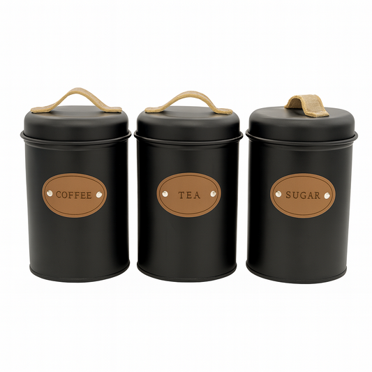 3-Piece Metal Jar Set for Coffee, Tea & Sugar | Airtight Storage Containers with Lids & Handles | Vintage Kitchen Canister Set