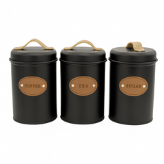 3-Piece Metal Jar Set for Coffee, Tea & Sugar | Airtight Storage Containers with Lids & Handles | Vintage Kitchen Canister Set