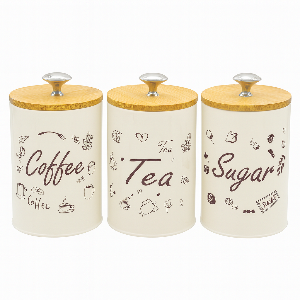 3-Piece Coffee, Tea & Sugar Jar Set | Tin Storage Containers with Wooden Lids | Airtight Vintage Kitchen Canister Set