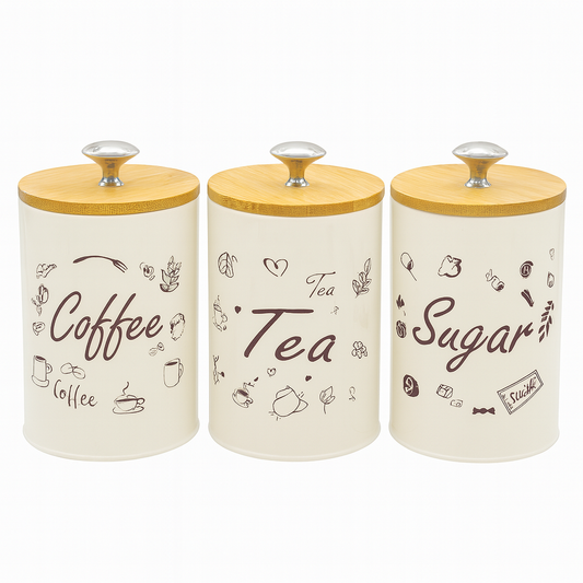 3-Piece Coffee, Tea & Sugar Jar Set | Tin Storage Containers with Wooden Lids | Airtight Vintage Kitchen Canister Set