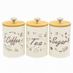 3-Piece Coffee, Tea & Sugar Jar Set | Tin Storage Containers with Wooden Lids | Airtight Vintage Kitchen Canister Set