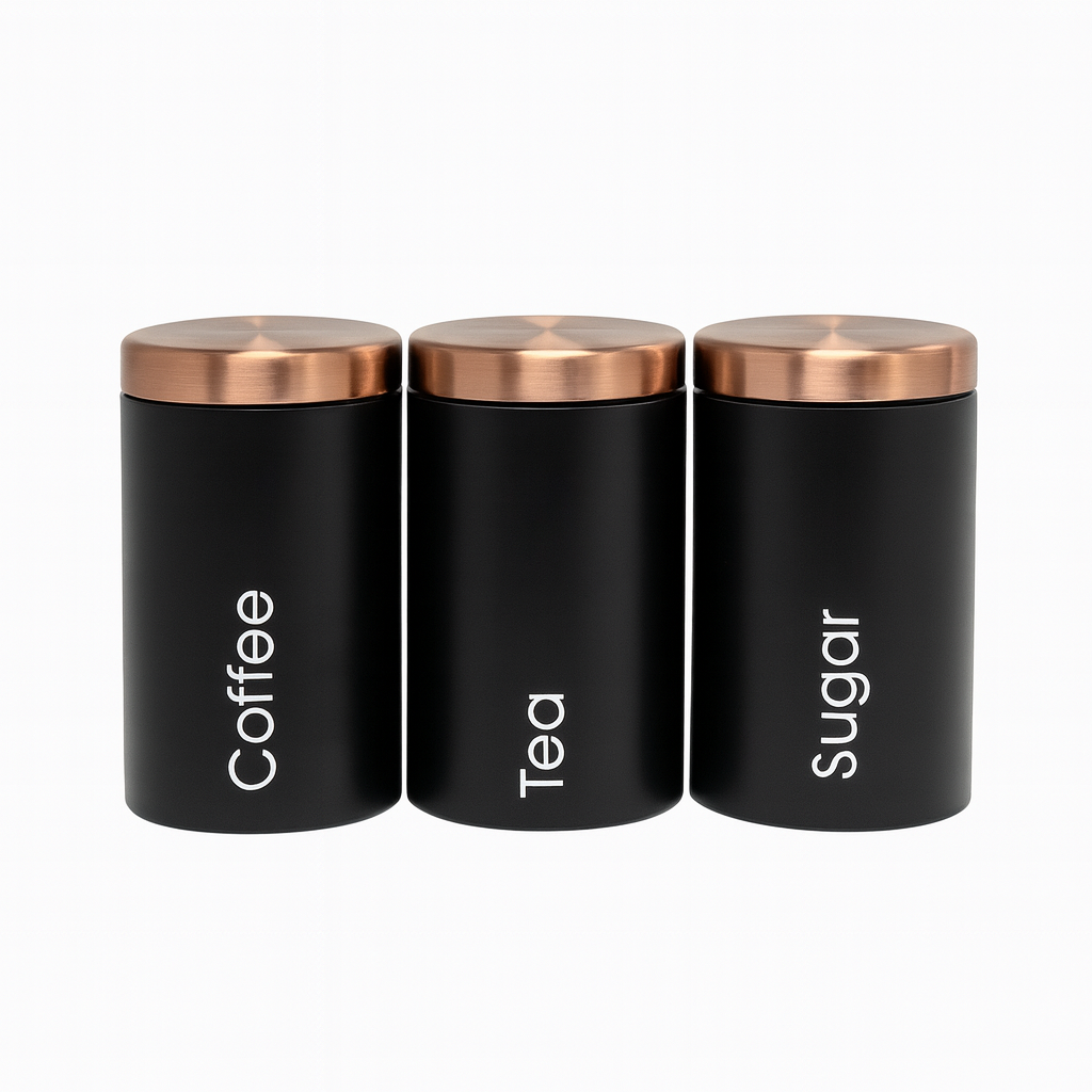 3-Piece Coffee, Tea & Sugar Tin Jar Set | Matte Black Airtight Containers with Metallic Lids | Modern Kitchen Storage Canisters