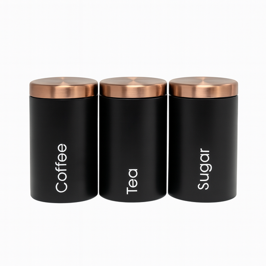 3-Piece Coffee, Tea & Sugar Tin Jar Set | Matte Black Airtight Containers with Metallic Lids | Modern Kitchen Storage Canisters