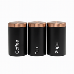3-Piece Coffee, Tea & Sugar Tin Jar Set | Matte Black Airtight Containers with Metallic Lids | Modern Kitchen Storage Canisters
