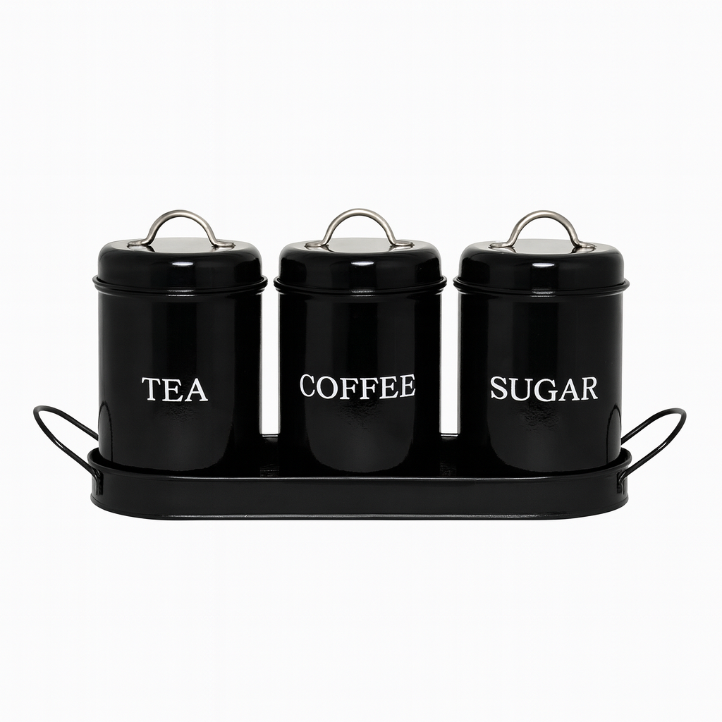 3-Piece Tin Jar Set for Tea, Coffee & Sugar | Classic Airtight Storage Containers with Tray | Vintage Metal Kitchen Canister Set