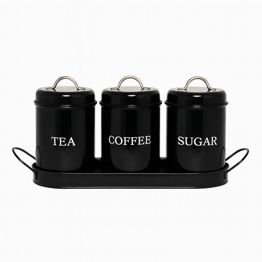 3-Piece Tin Jar Set for Tea, Coffee & Sugar | Classic Airtight Storage Containers with Tray | Vintage Metal Kitchen Canister Set